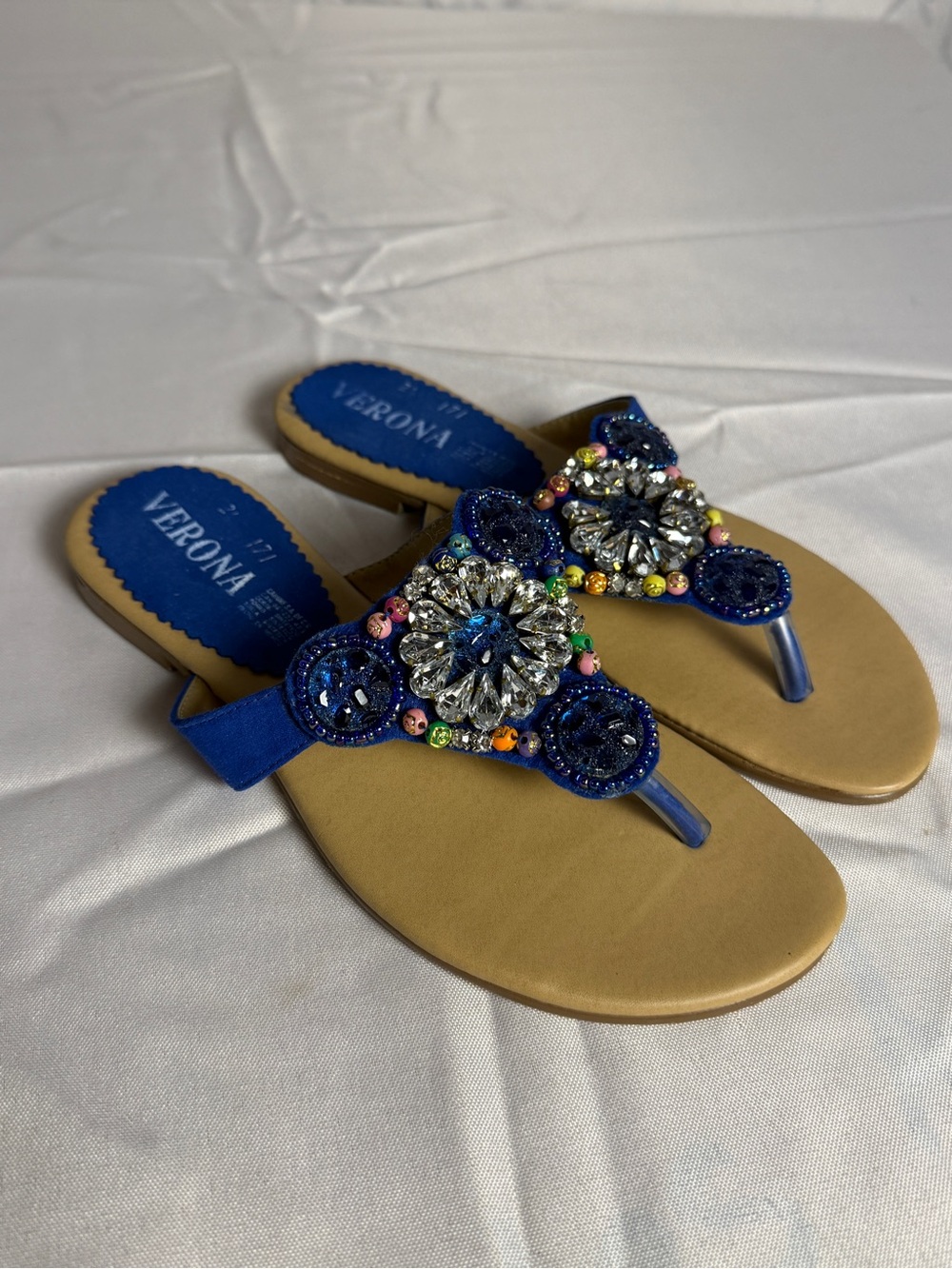 Verona Blue Beaded Jeweled Thong Sandals